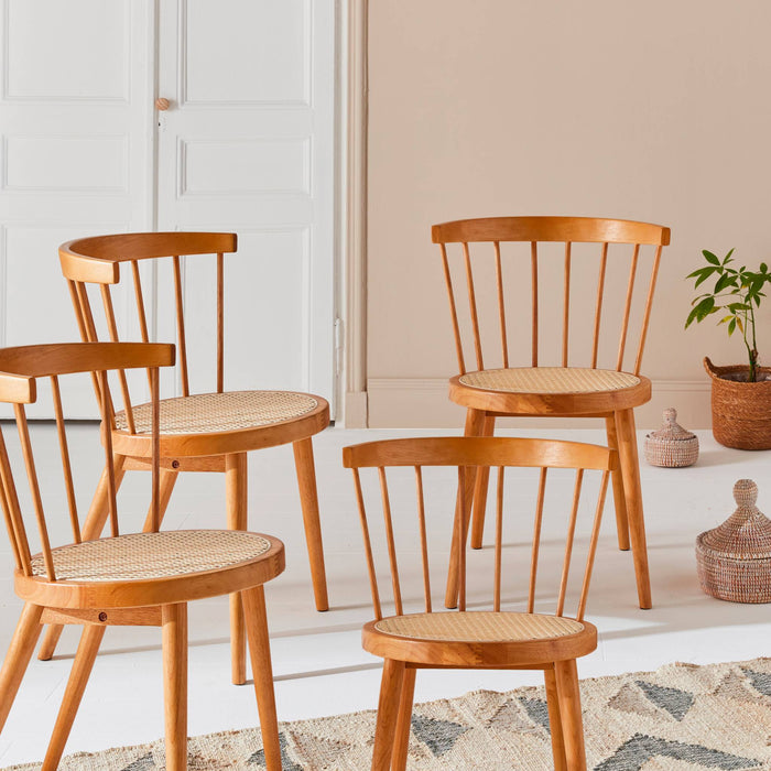 Set di 4 sedie in legno e paglia, marrone naturale