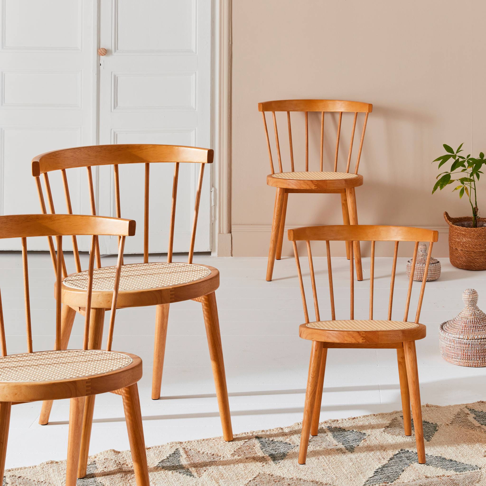 Set di 4 sedie in legno e paglia, marrone naturale