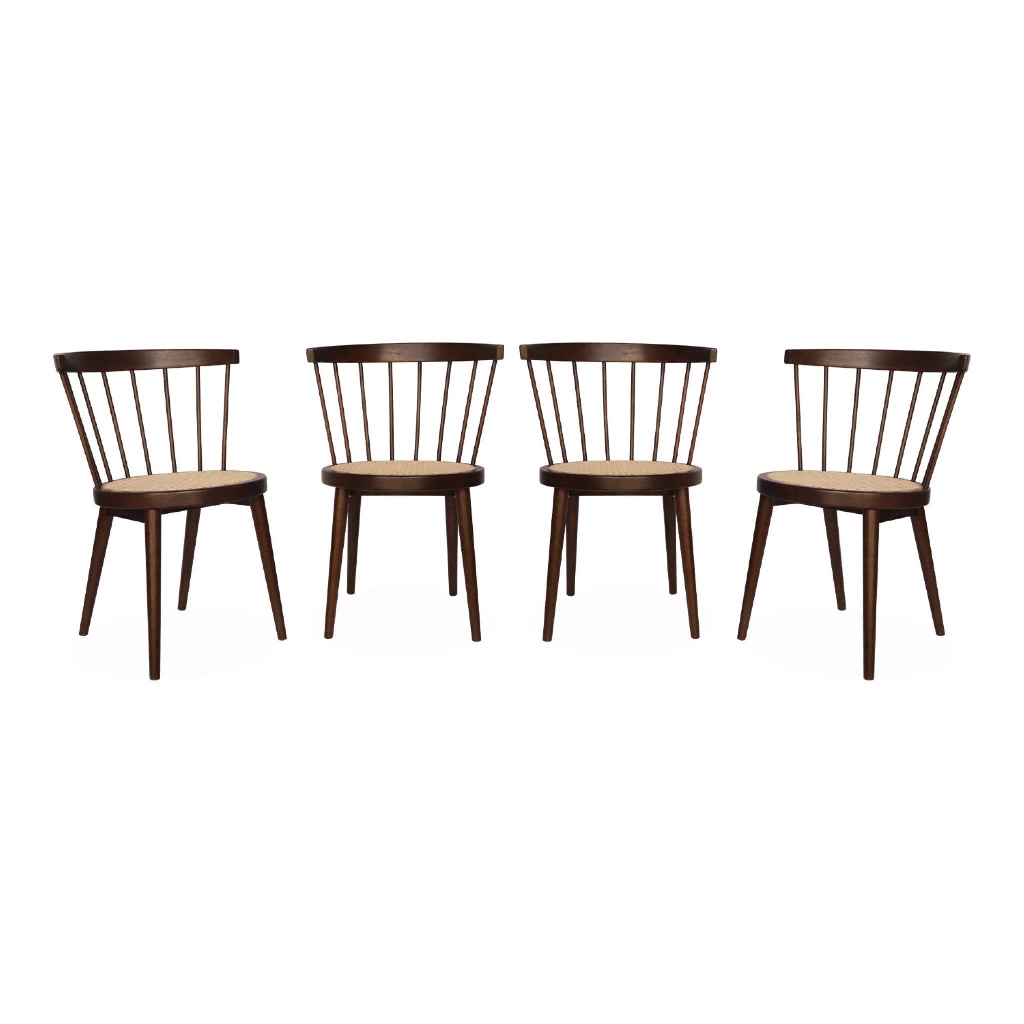Set di 4 sedie in legno e paglia, marrone scuro naturale