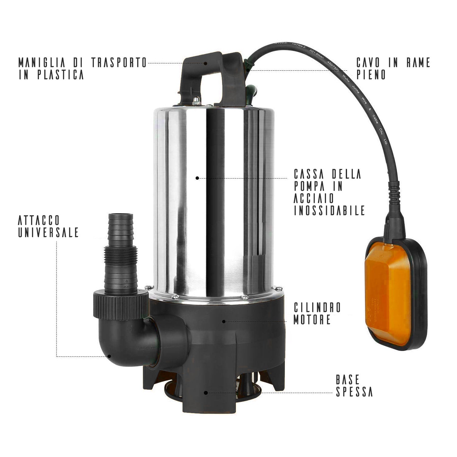 Pompa Sommersa Immersione Acque Chiare E Acque Sporche Drenaggio 550W In Acciaio Inox Certificata Ce