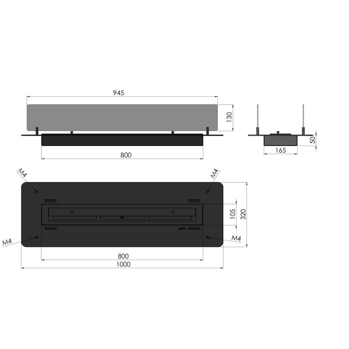 Camino a Bioetanolo da Incasso o appoggio Insert Black 1000 - Biocamino nero sottile con due vetri, Serbatoio 2l - 100cm