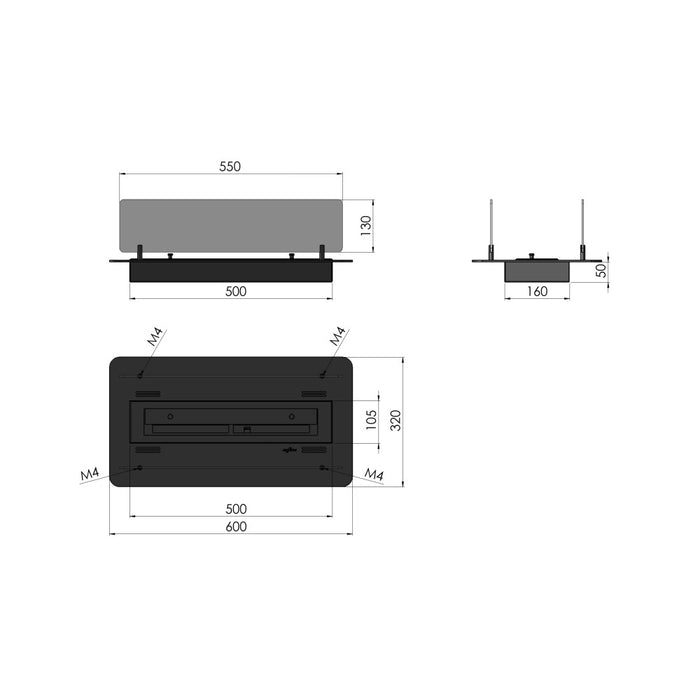 Camino a Bioetanolo da Incasso o appoggio Insert Black 600 - Biocamino nero sottile con due vetri, Serbatoio 1l - 60cm