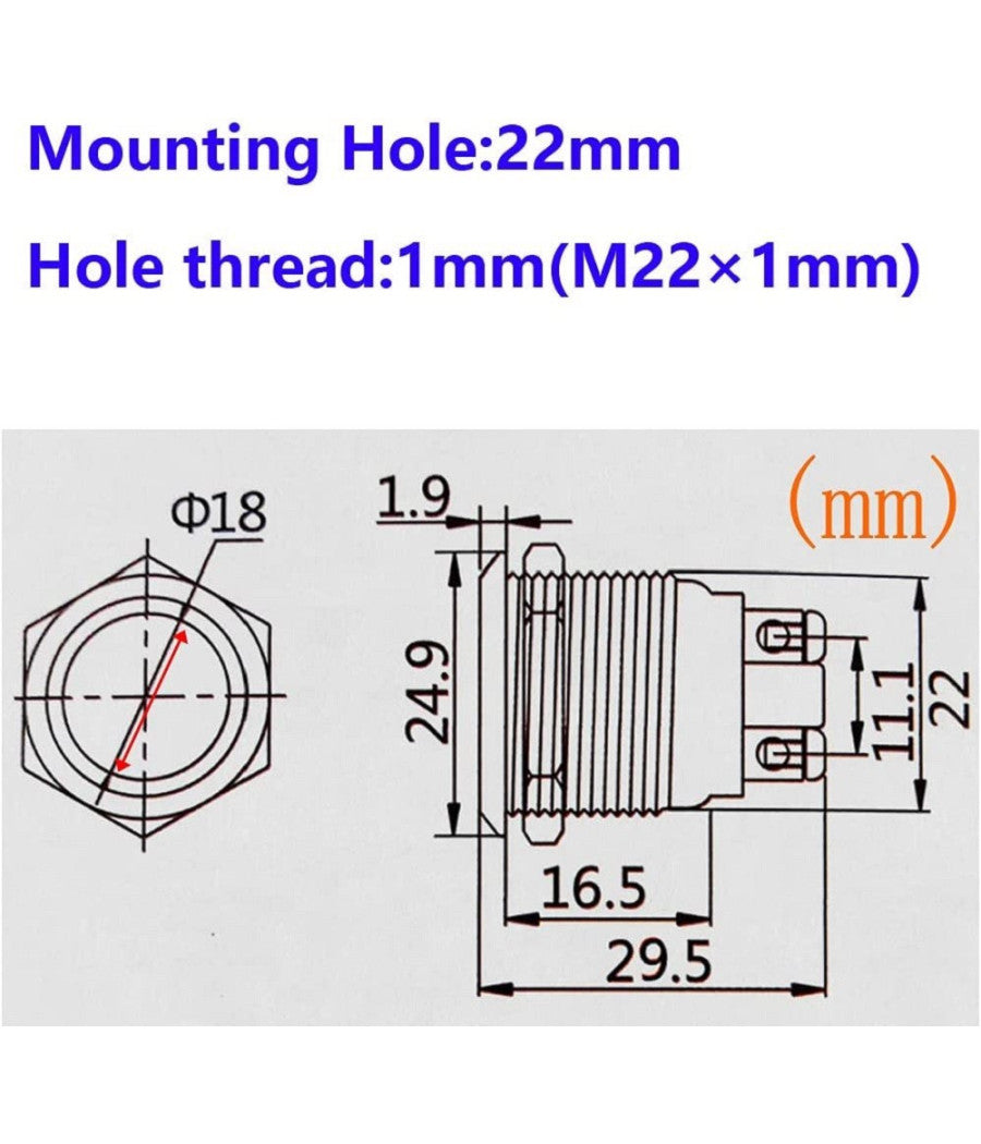 Interruttore A Pulsante 22mm Autobloccante Terminali A Vite Acciaio Testa Piatta         