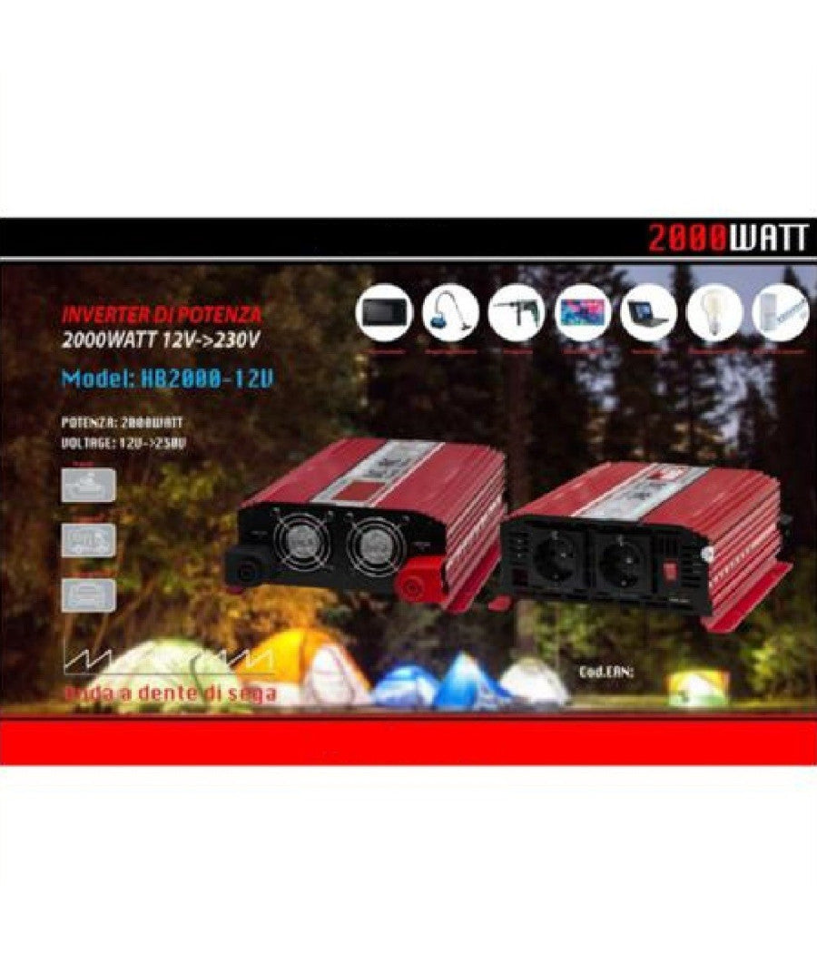 Inverter Di Potenza 2000 Watt Per Auto Camper Da 12v A 230v Maxtech Hb2000-12v         