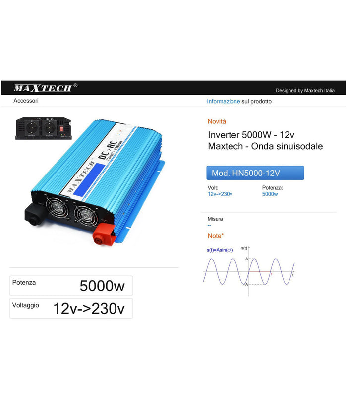 Inverter Di Potenza 5000 Watt Onda Sinusoidale Da 12v A 230v Auto Hn5000-12v         