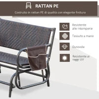 Panchina a Dondolo da Giardino 2 Posti in Rattan e Acciaio con Tasche Laterali, 122x75x88cm Marrone e Nero
