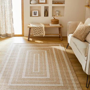 Tappeto interno/esterno effetto iuta beige con motivi