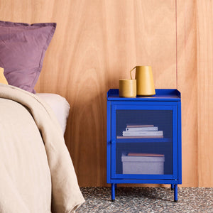 Comodino industriale in metallo 1 anta, blu