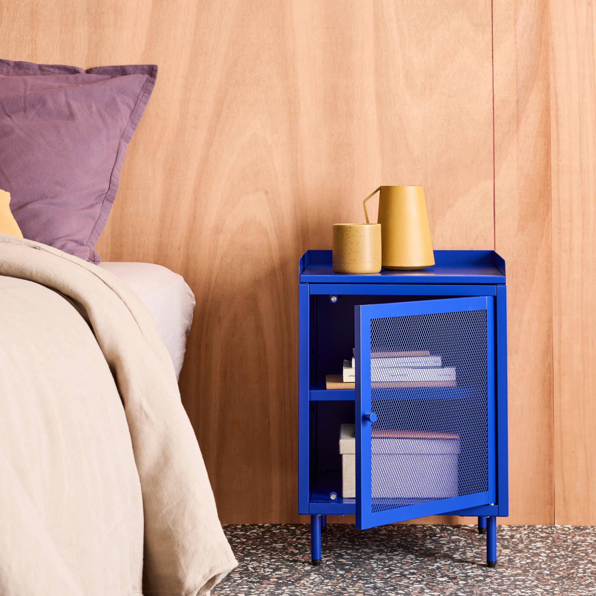 Comodino industriale in metallo 1 anta, blu