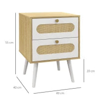 Comodino con Cassetti Set 2 Pezzi in Truciolato e MDF in stile Boho, 40x40x55 cm, Rovere e Bianco