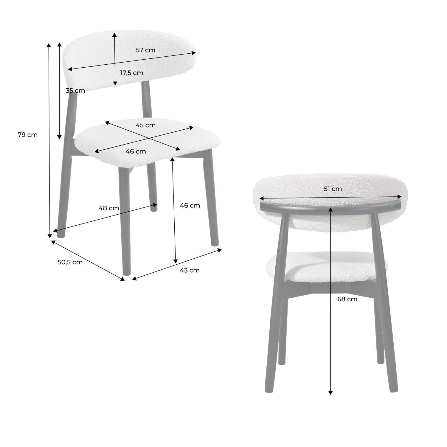 Set di 2 sedie in legno di hevea e tessuto bouclé, nero