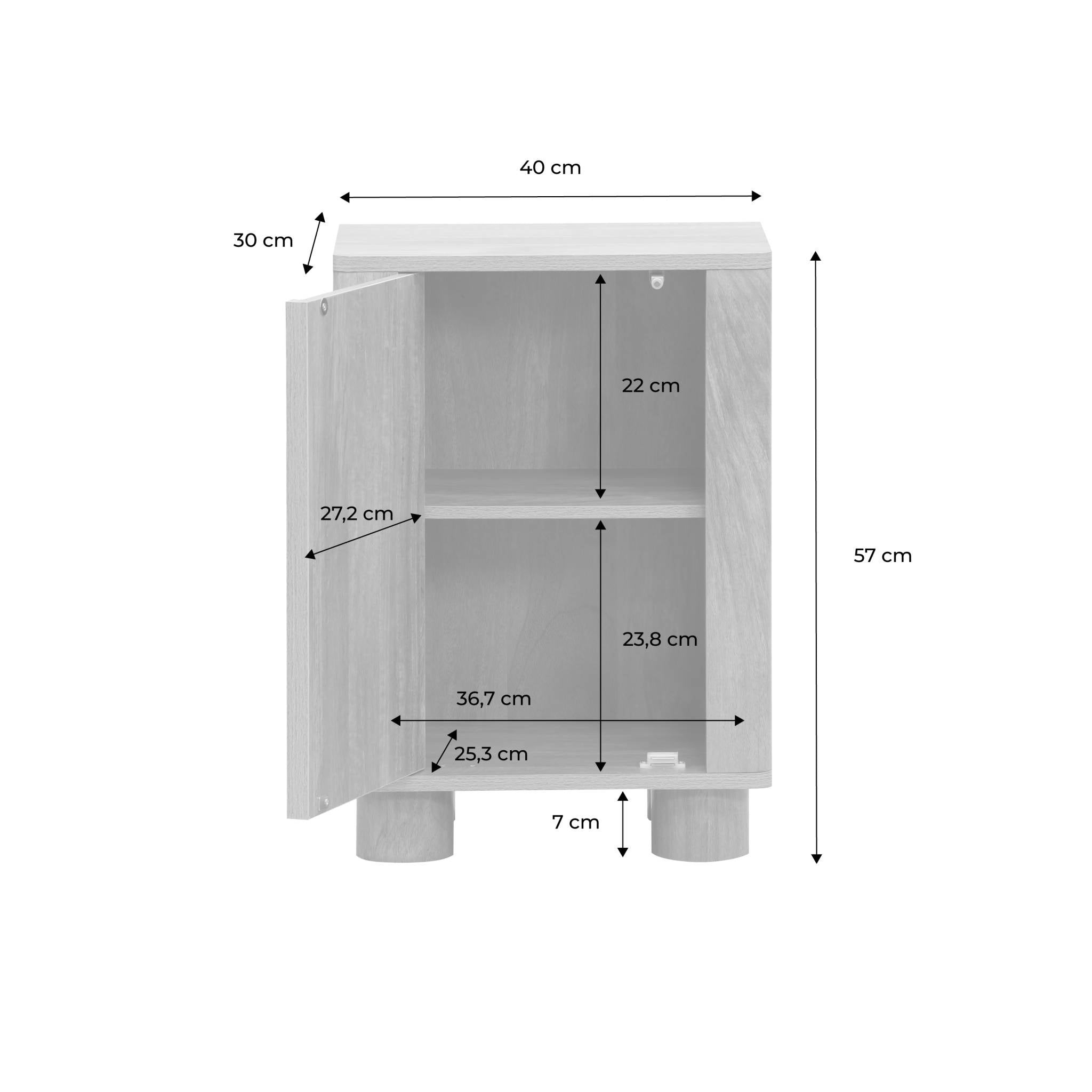 Comodino effetto legno di mango con 1 anta reversibile, albero di