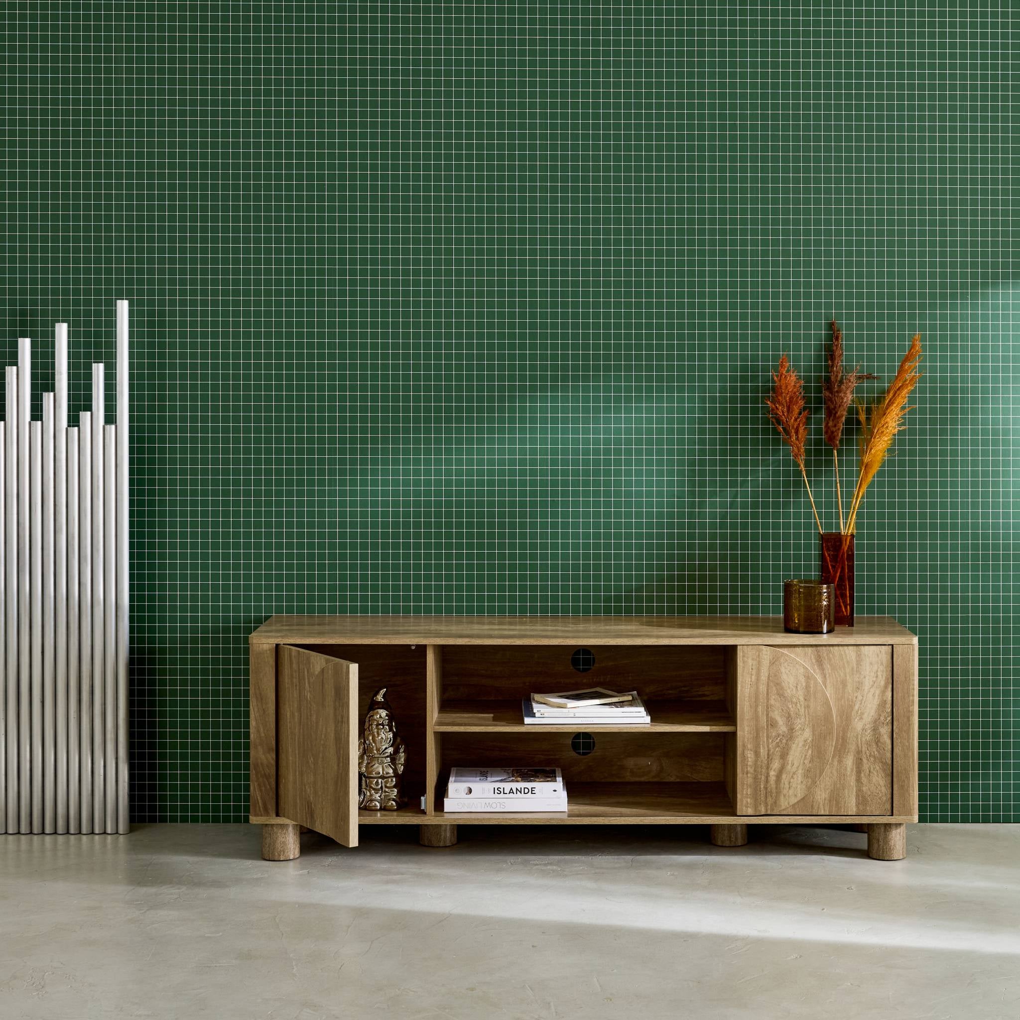 Mobile tv esotico effetto legno di mango 2 ante reversibili, 155cm,