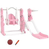Scivolo e altalena per bambini 4 in 1 con cestino da basket, scivolo e altalena, 147,5x160x107cm, Rosa