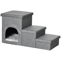 Scaletta per Cani e Gatti 10kg max a 3 Gradini con Casetta per Cani e Spazio Portaoggetti, 73.5x33x40.5 cm, Grigio