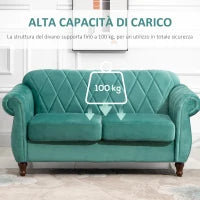 Divano 2 Posti Design Vintage Rétro in Legno e Velluto, 148 x 72 x 76 cm, Verde