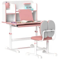 Set Scrivania e Sedia per Bambini Regolabili, Banco Scuola con Piano Inclinabile, Cassetto, Scaffale, Rosa