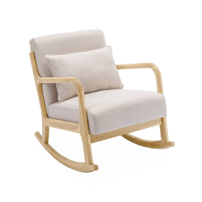 Poltrona scandinava a dondolo in legno e tessuto con braccioli, beige