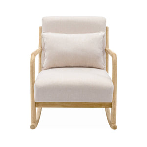 Poltrona scandinava a dondolo in legno e tessuto con braccioli, beige