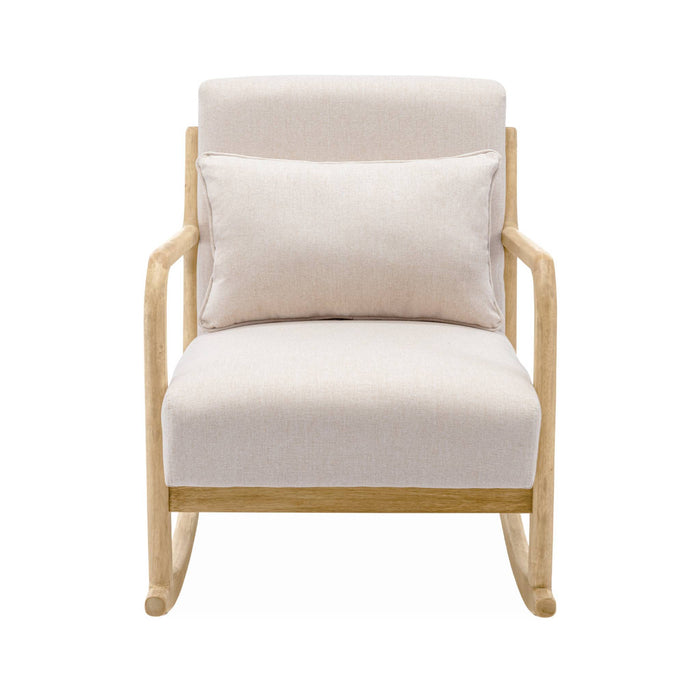 Poltrona scandinava a dondolo in legno e tessuto con braccioli, beige