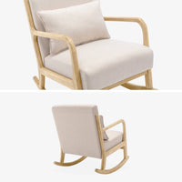 Poltrona scandinava a dondolo in legno e tessuto con braccioli, beige