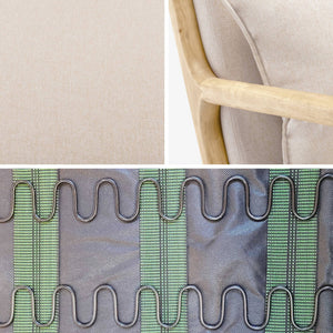 Poltrona scandinava a dondolo in legno e tessuto con braccioli, beige