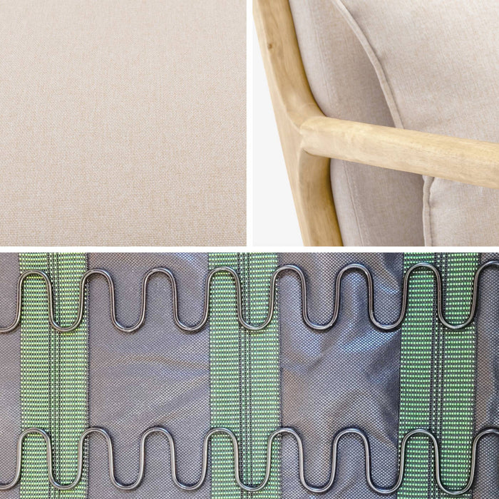 Poltrona scandinava a dondolo in legno e tessuto con braccioli, beige