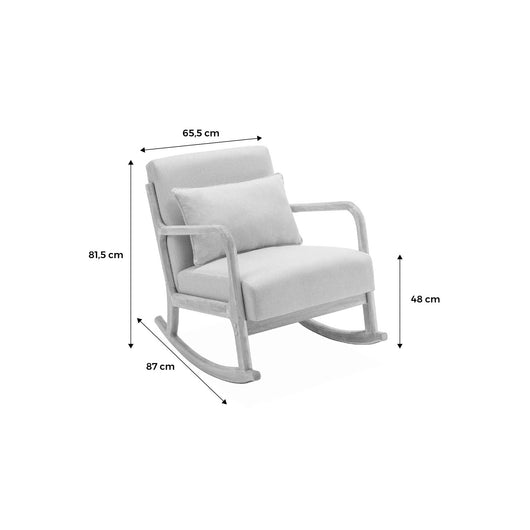 Poltrona scandinava a dondolo in legno e tessuto bouclé, bianco