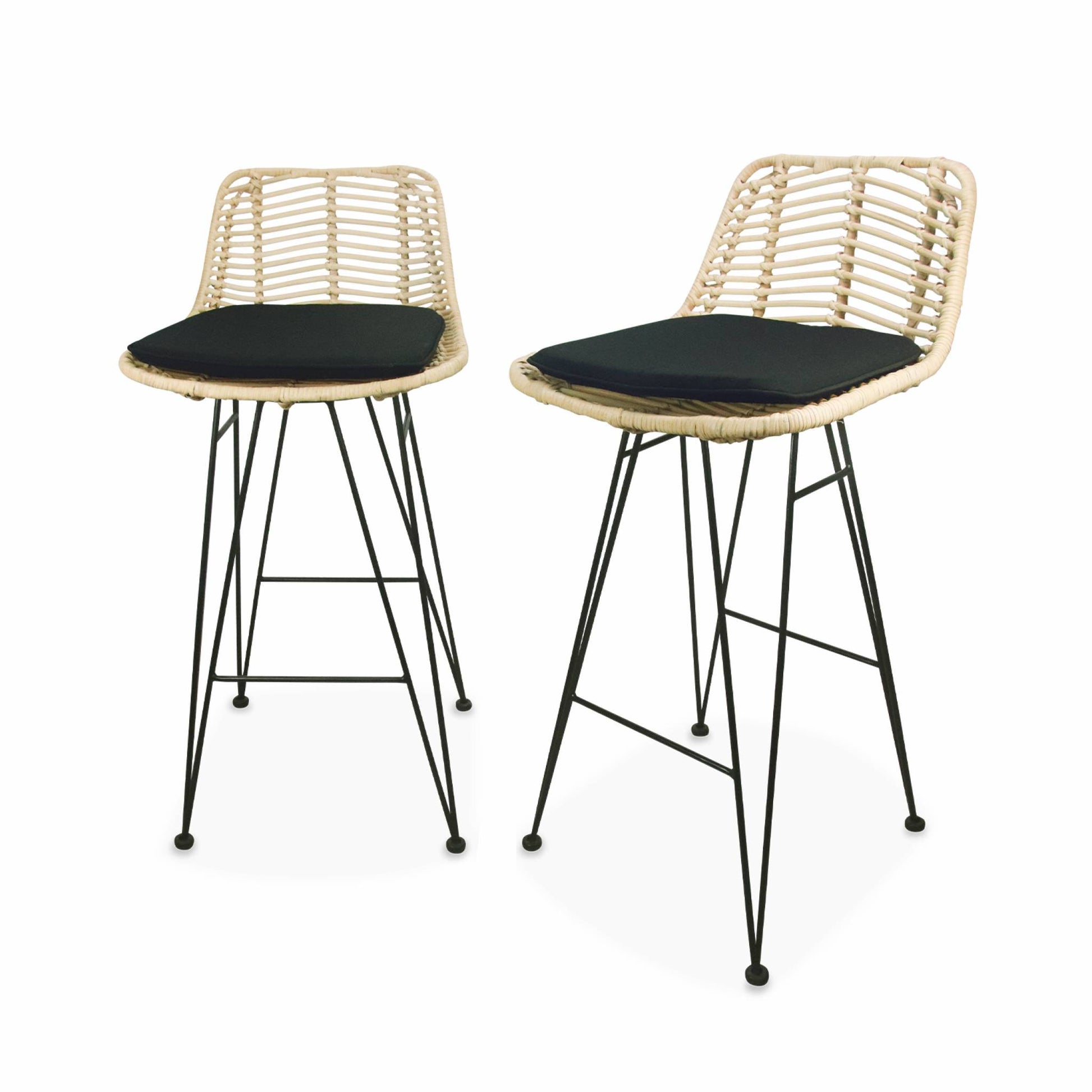 Set di 2 sgabelli da bar in metallo e rattan, 67cm, nero