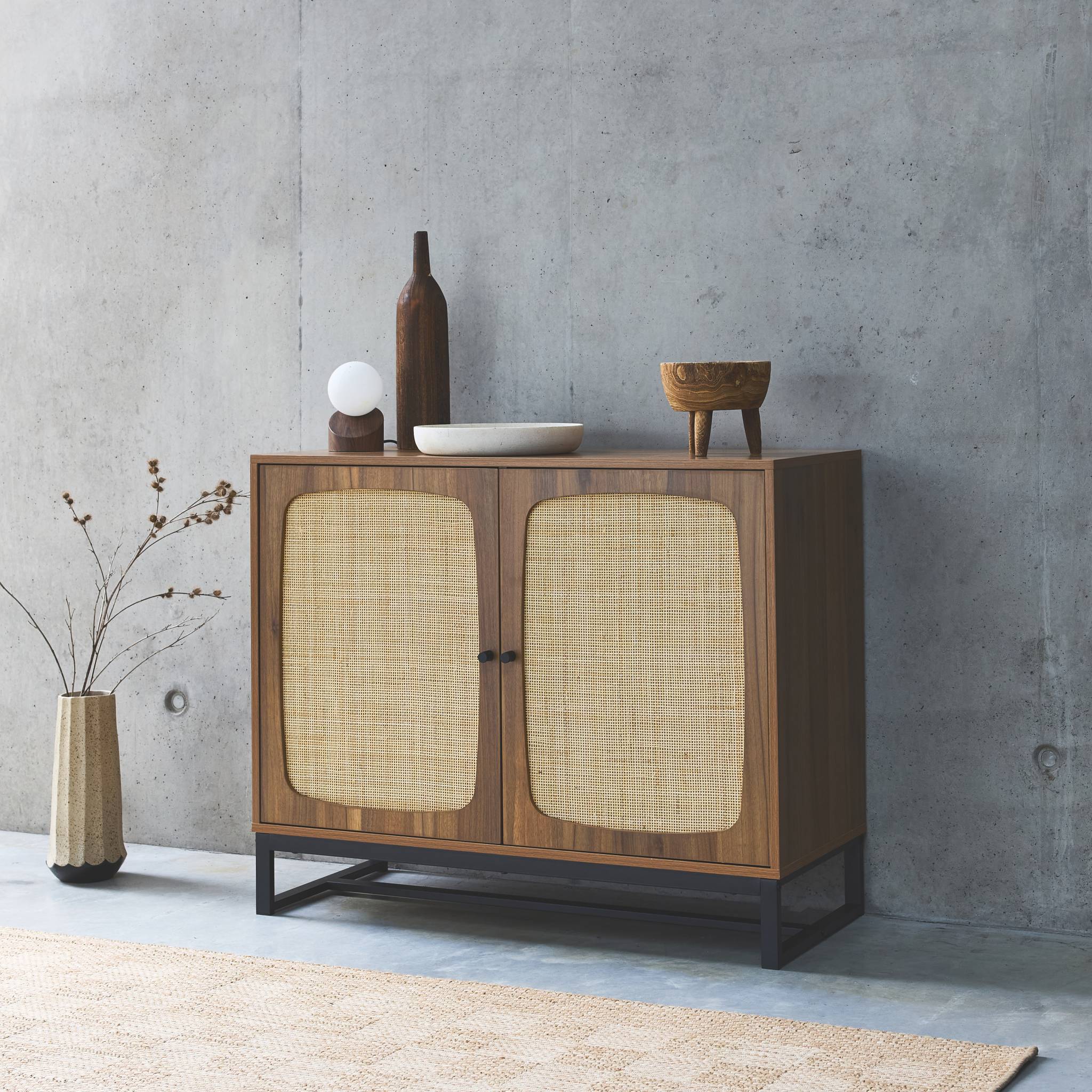 Credenza a 2 ante in canna e legno, 100cm, marrone naturale