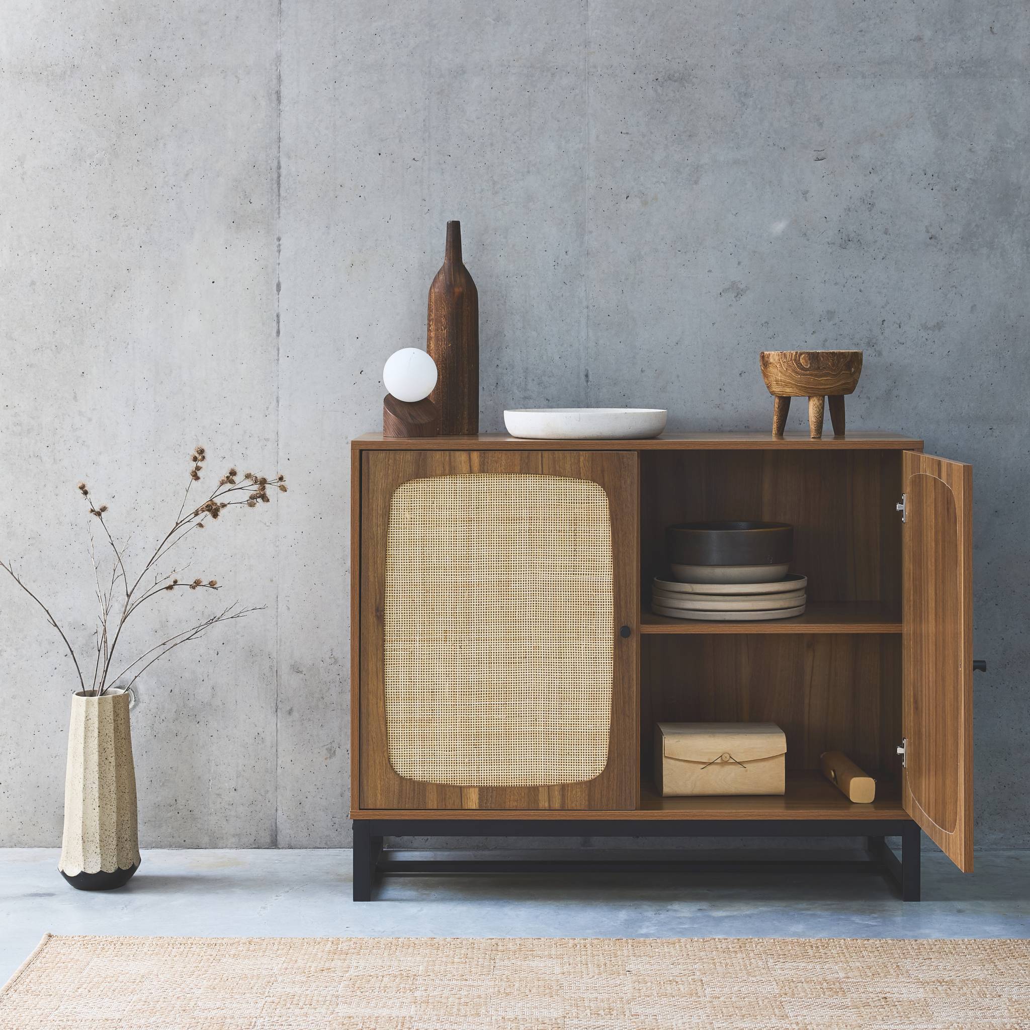 Credenza a 2 ante in canna e legno, 100cm, marrone naturale