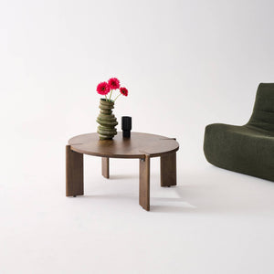 Tavolino da caffè esotico rotondo in legno massello, noce