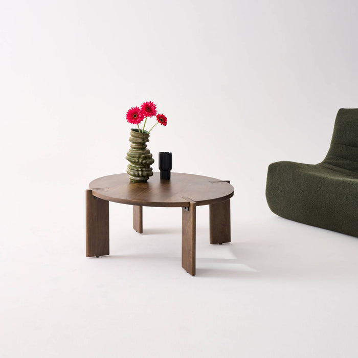 Tavolino da caffè esotico rotondo in legno massello, noce