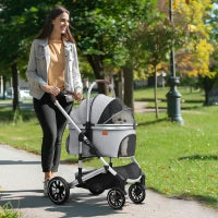 Carrello per Cani 3 in 1 Passeggino per Cani Pieghevole per Gatti Fino a 10 kg Carrello per Gatti con Cuscino Porta Bicchieri, Grigio Chiaro