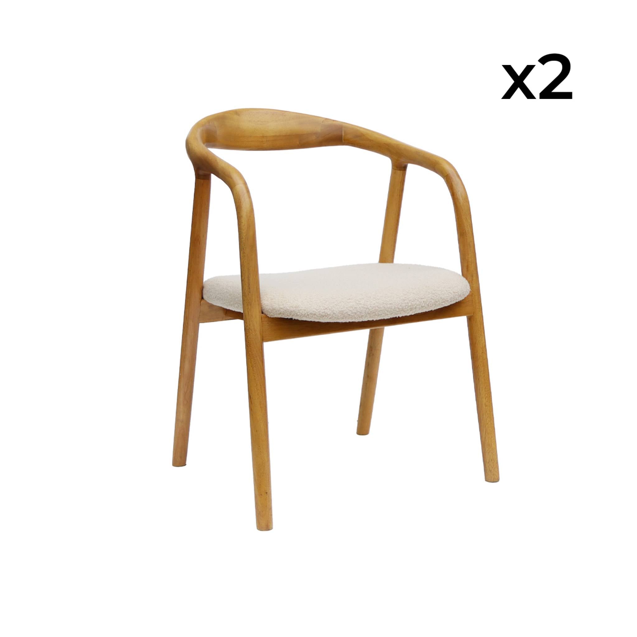 Set di 2 sedie in legno di hevea e bouclé, marrone naturale