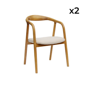 Set di 2 sedie in legno di hevea e bouclé, marrone naturale
