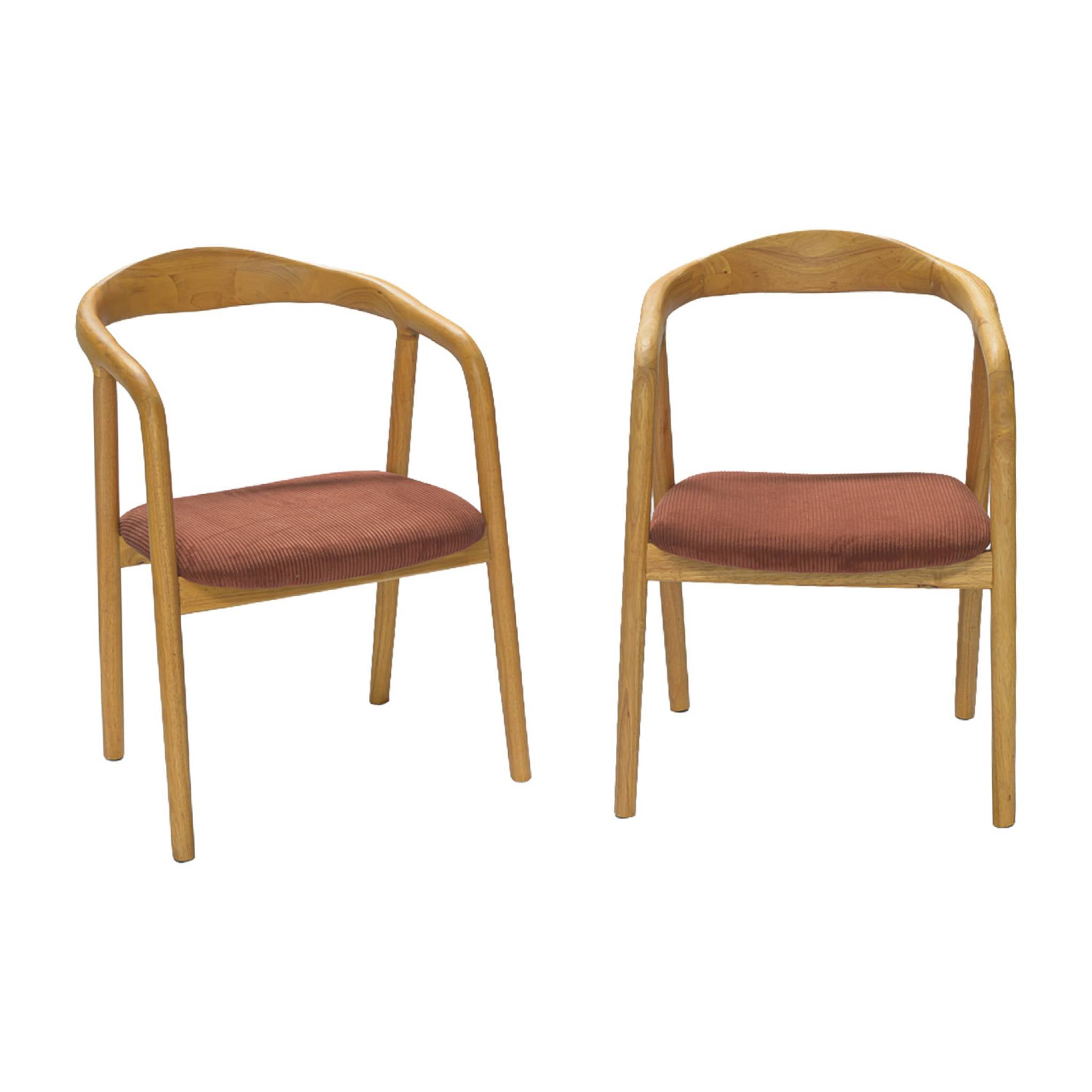 Set di 2 sedie vintage in legno di hevea e velluto a coste, marrone