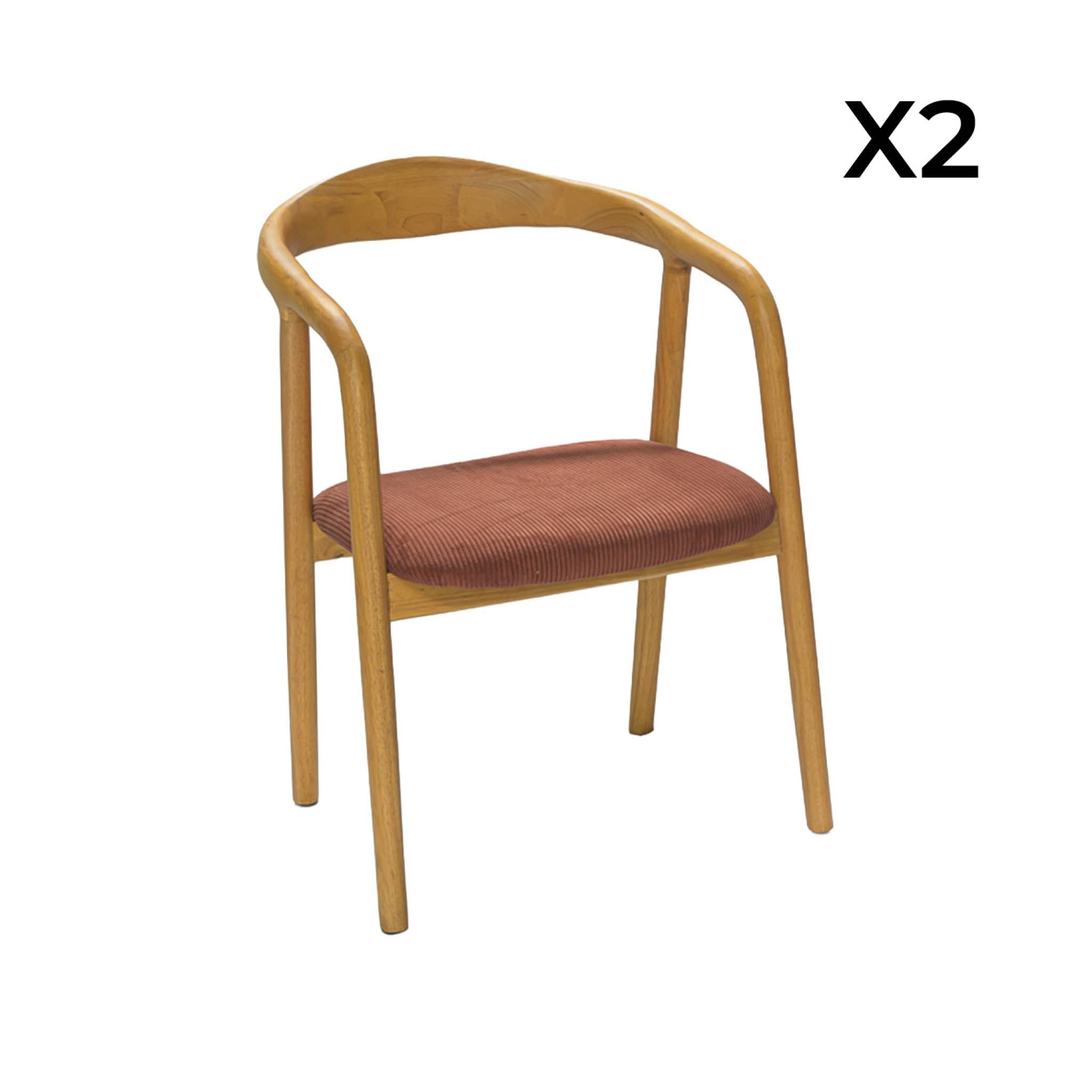 Set di 2 sedie vintage in legno di hevea e velluto a coste, marrone