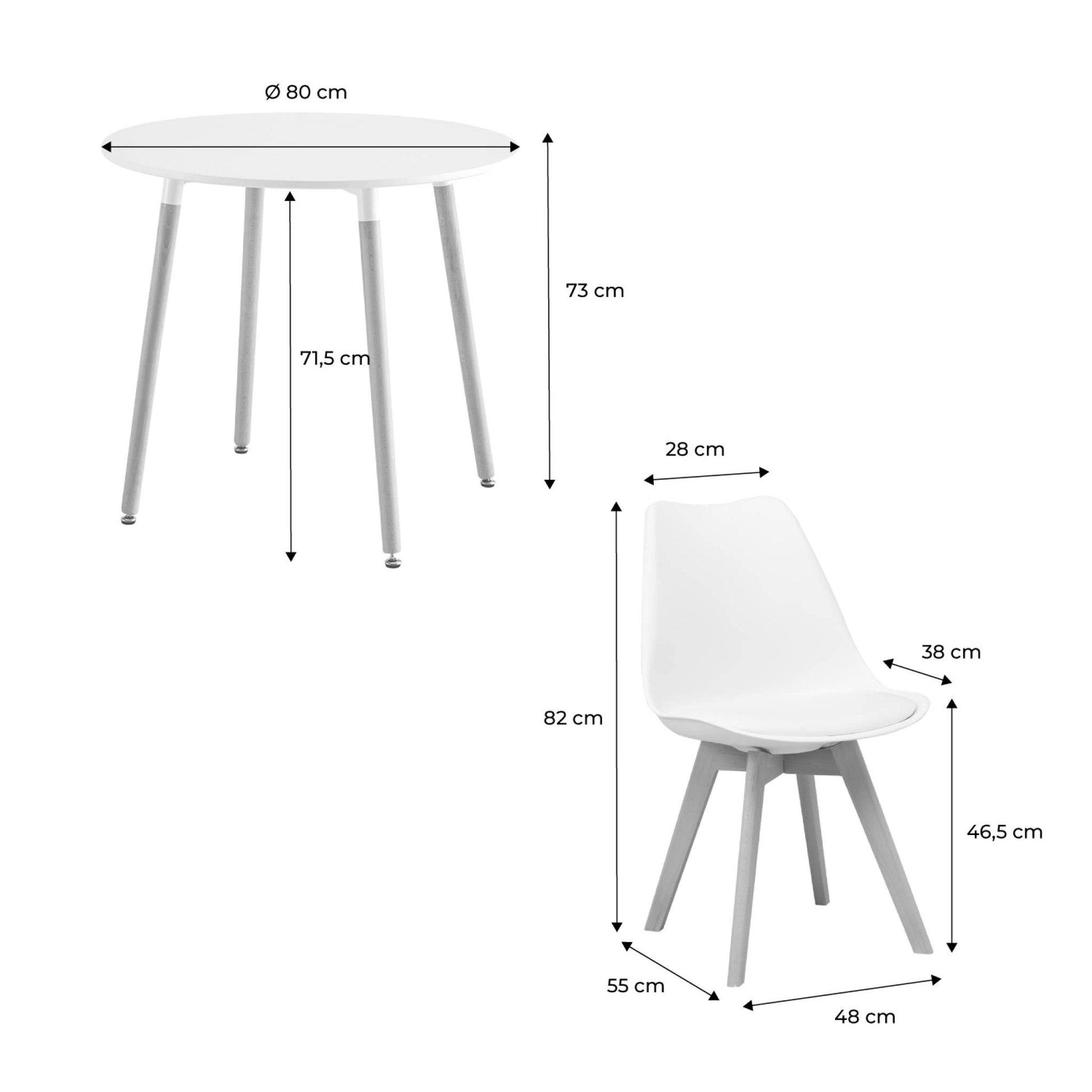 Set da pranzo tondo e 2 sedie, 80cm , bianco