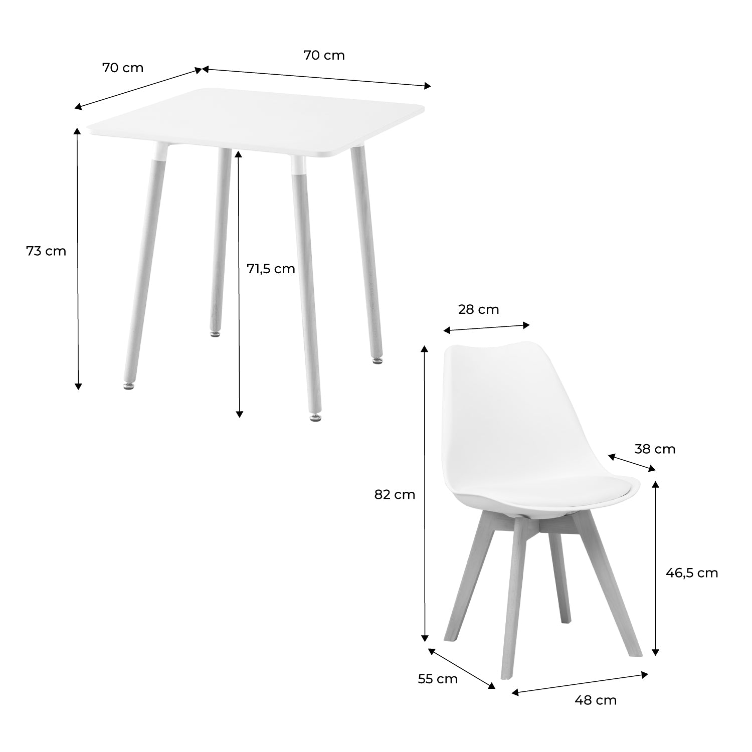 Set da pranzo composto da tavolo quadrato e 2 sedie, 70cm, bianco