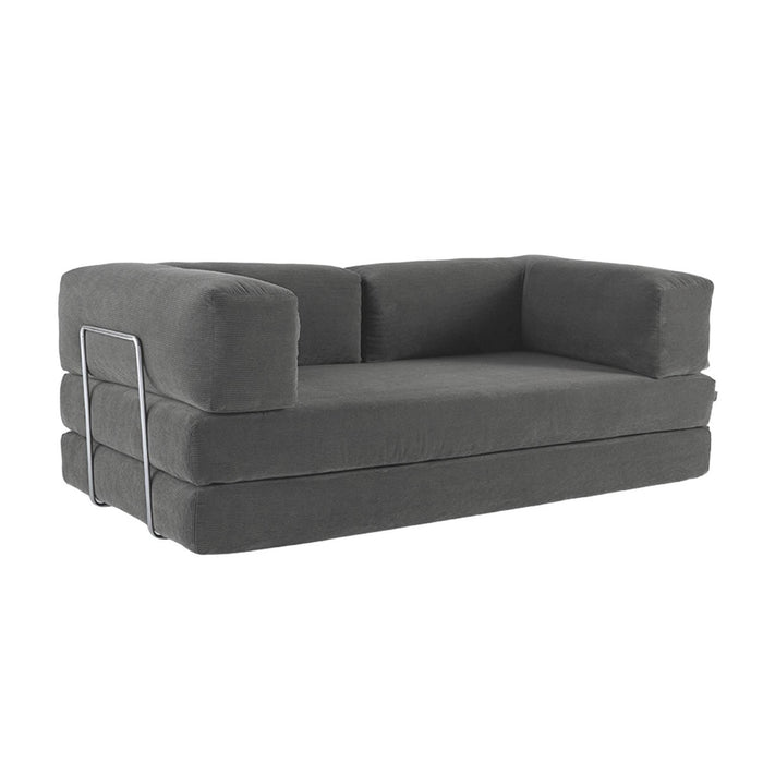 Divano letto futon in velluto a coste e struttura cromata, 3 posti,