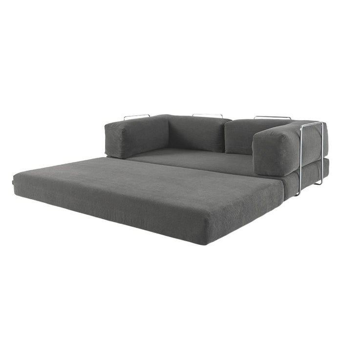 Divano letto futon in velluto a coste e struttura cromata, 3 posti,