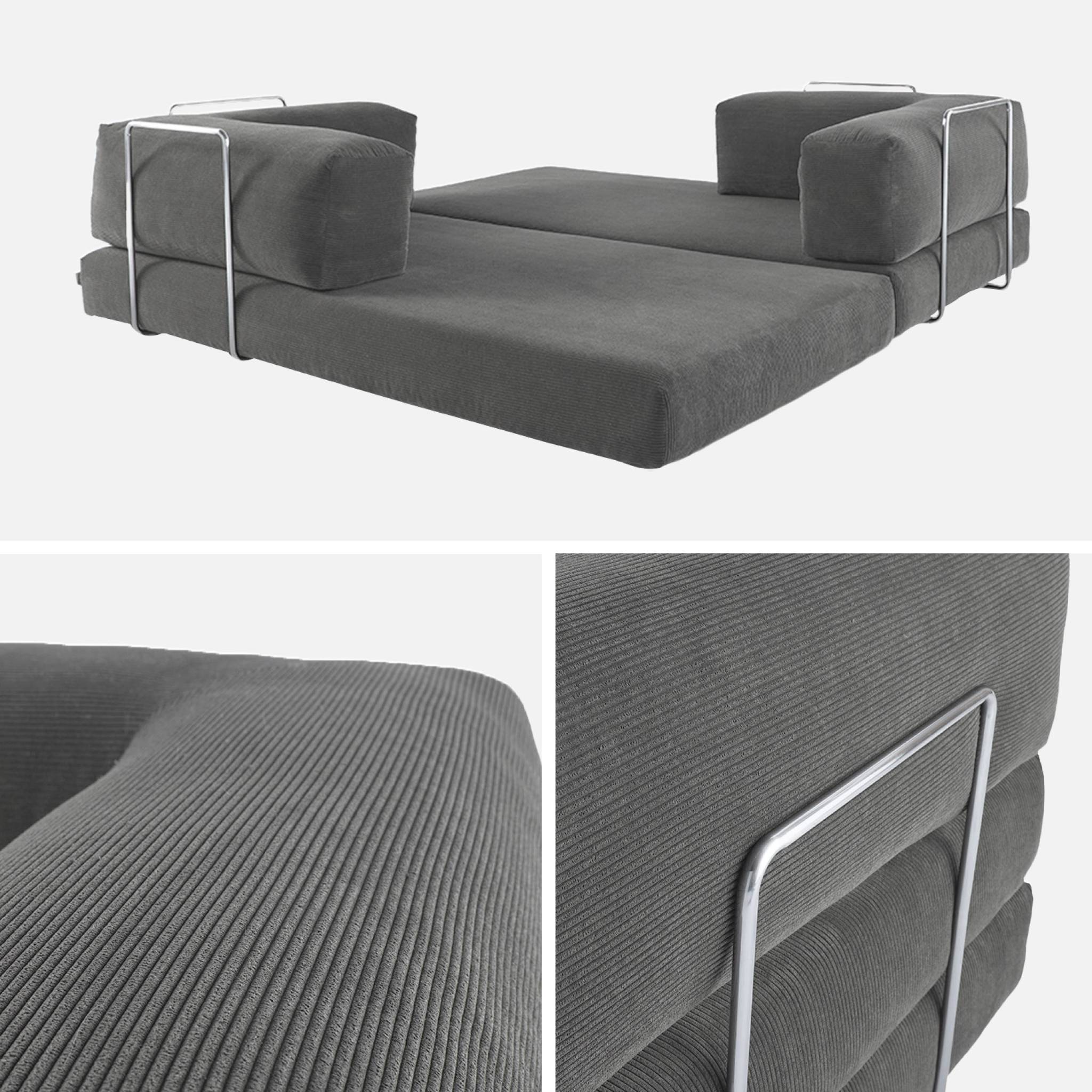 Divano letto futon in velluto a coste e struttura cromata, 3 posti,