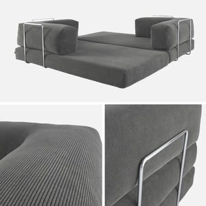 Divano letto futon in velluto a coste e struttura cromata, 3 posti,