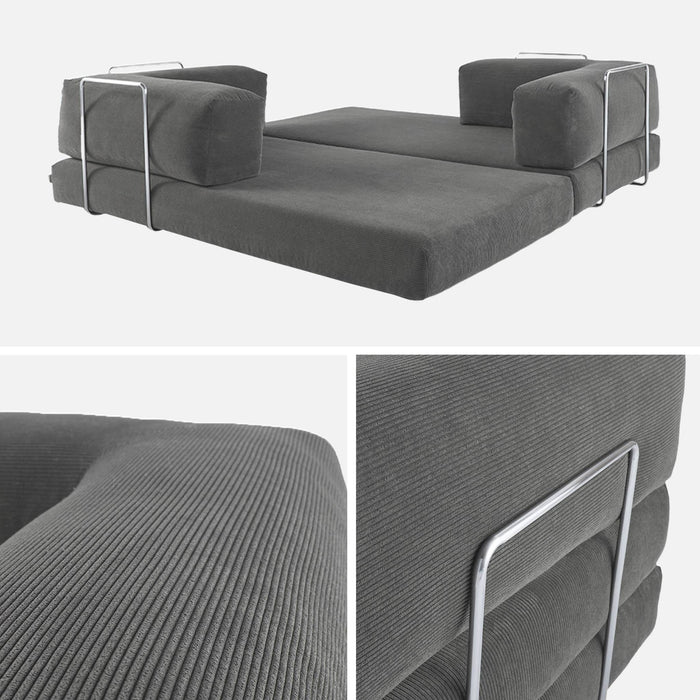Divano letto futon in velluto a coste e struttura cromata, 3 posti,