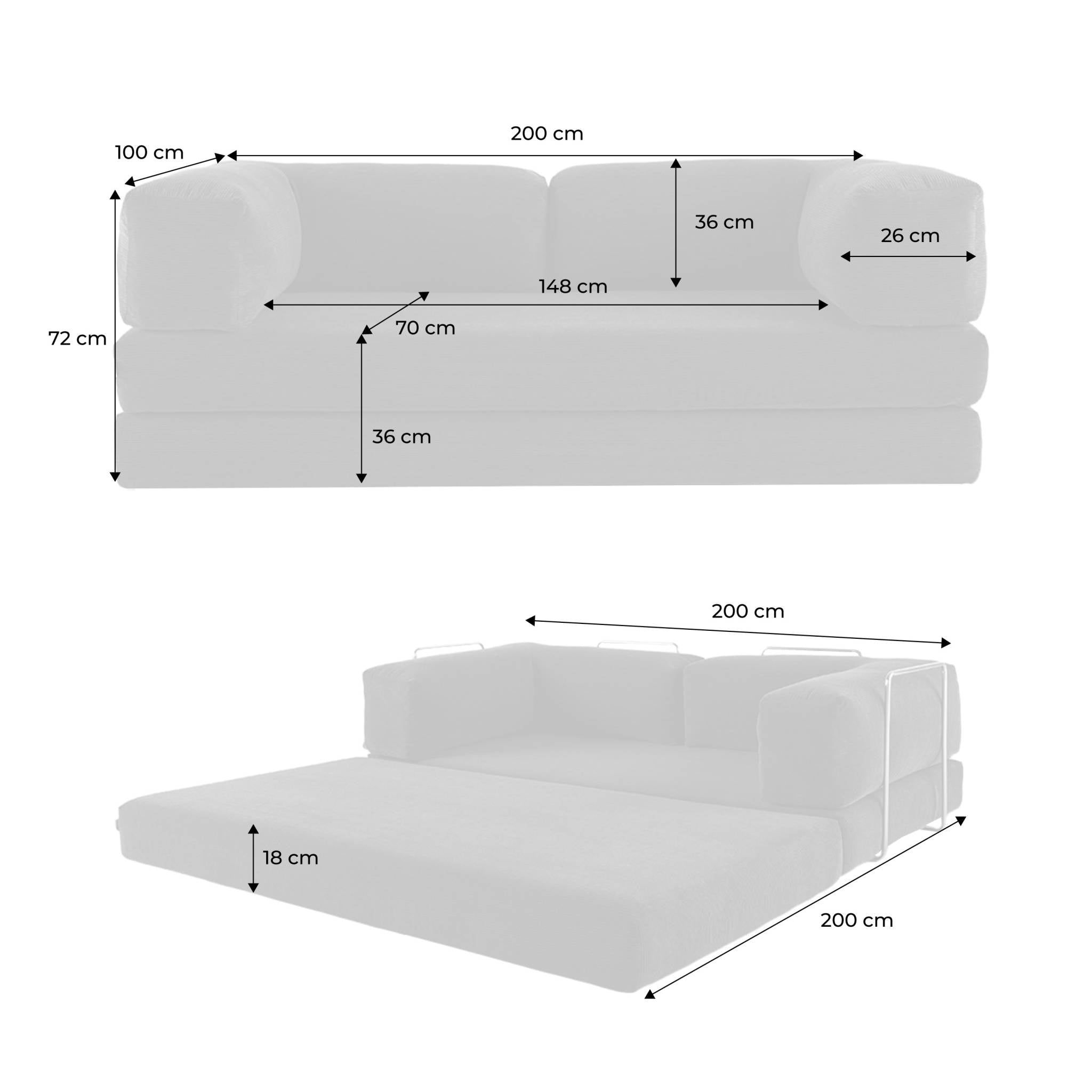 Divano letto futon in velluto a coste e struttura cromata, 3 posti,