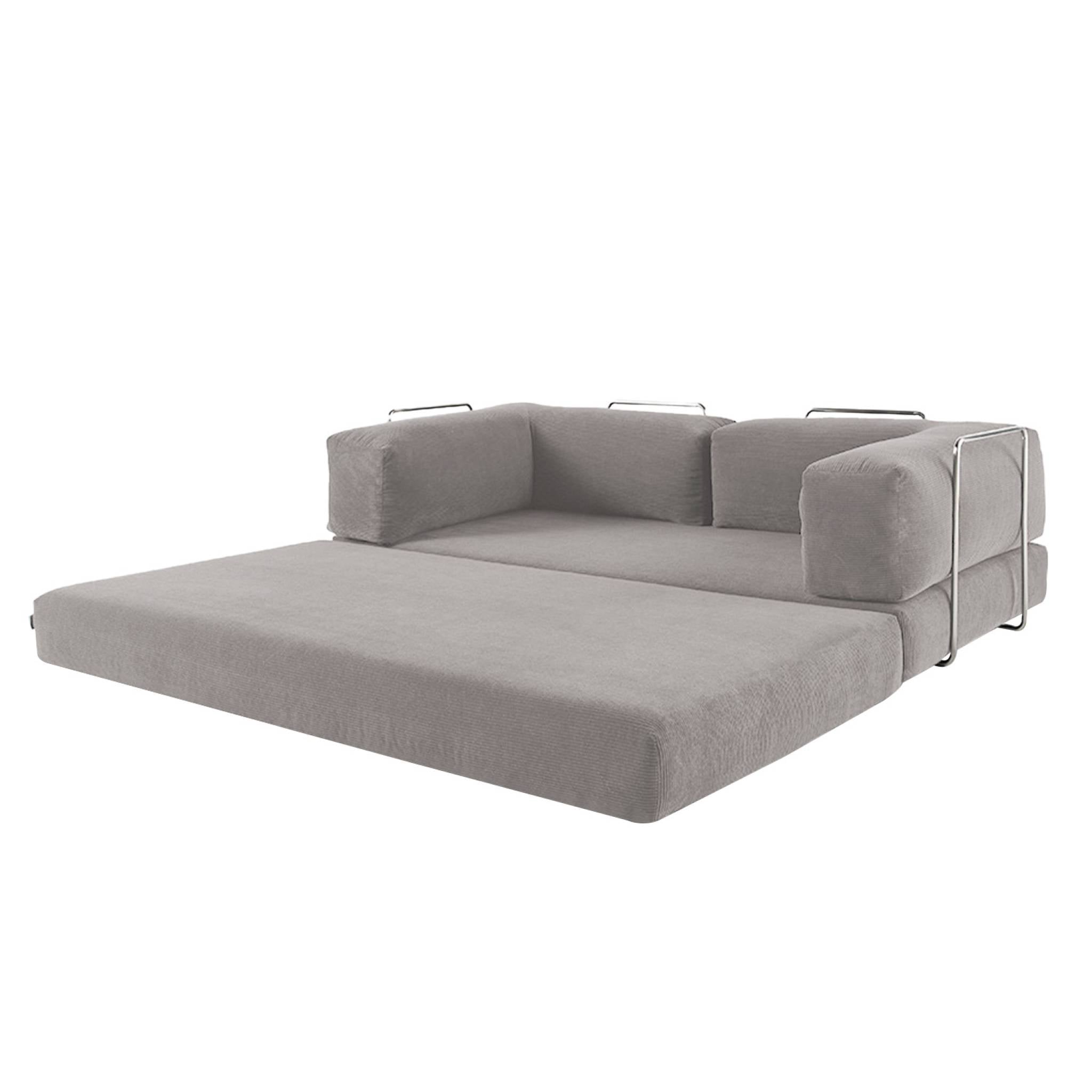 Divano letto futon in velluto a coste e struttura cromata, 3 posti,