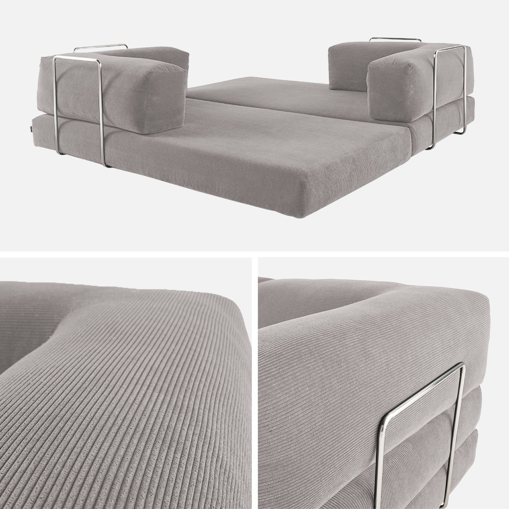 Divano letto futon in velluto a coste e struttura cromata, 3 posti,