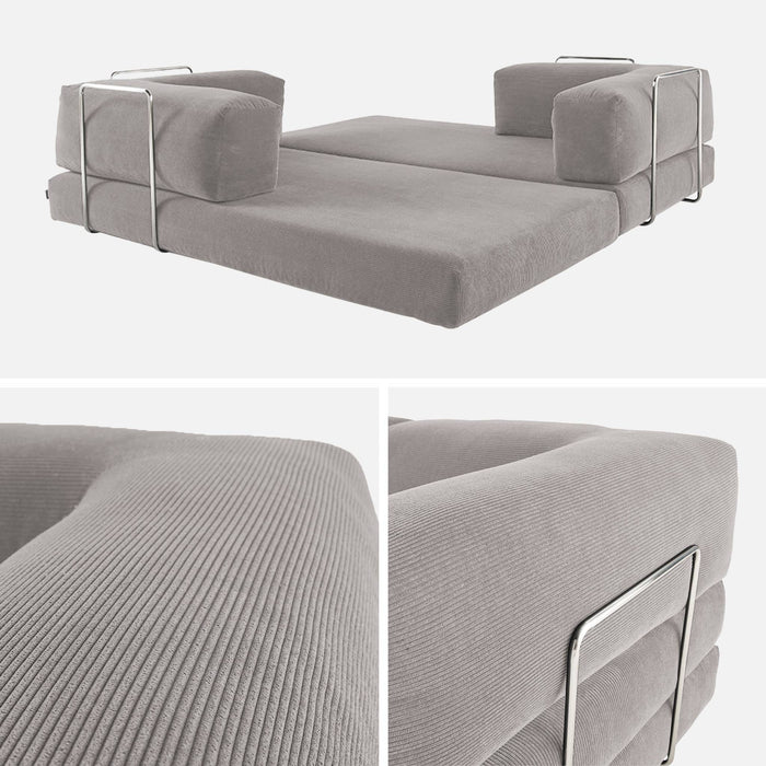 Divano letto futon in velluto a coste e struttura cromata, 3 posti,
