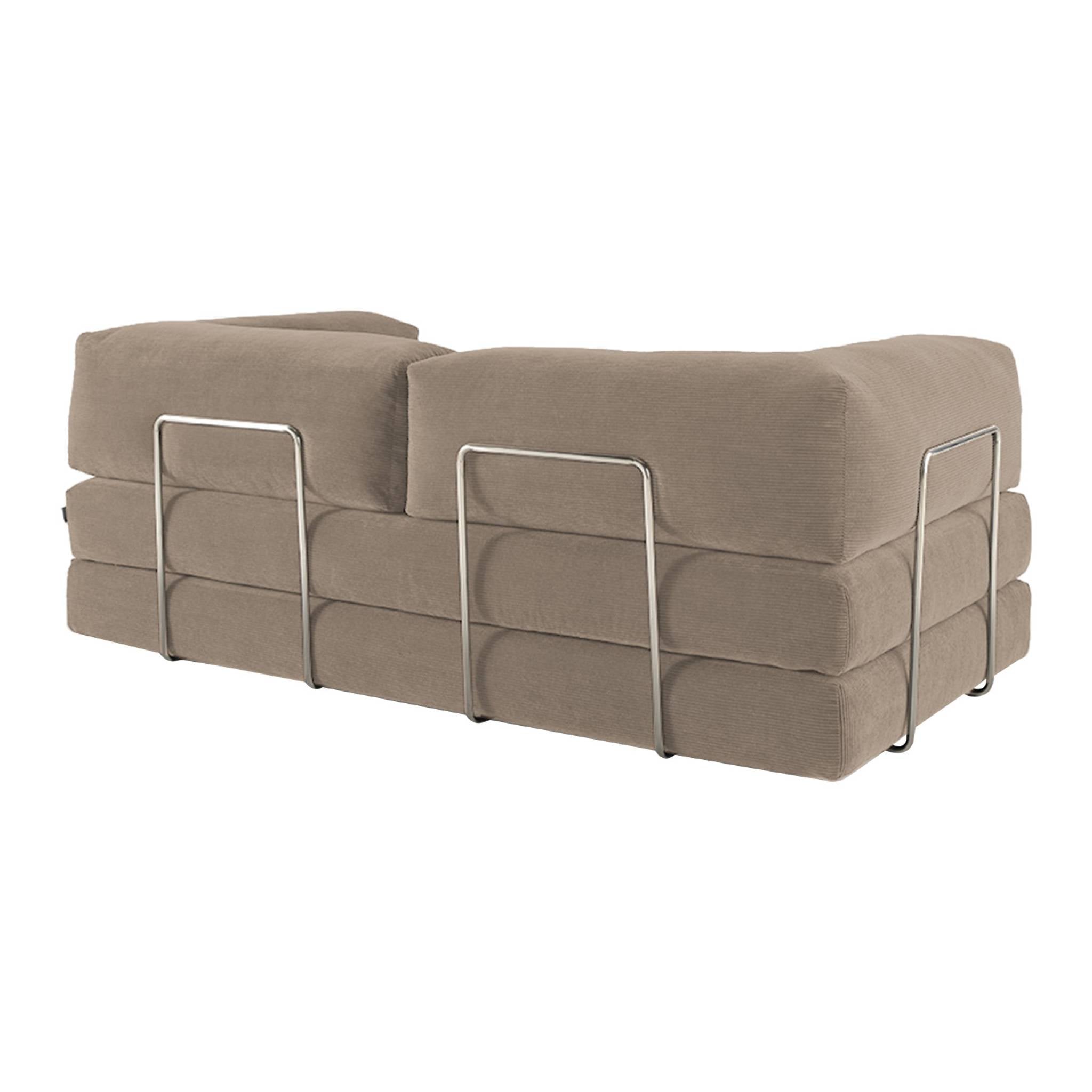 Divano letto futon in velluto a coste e struttura cromata, 3 posti,